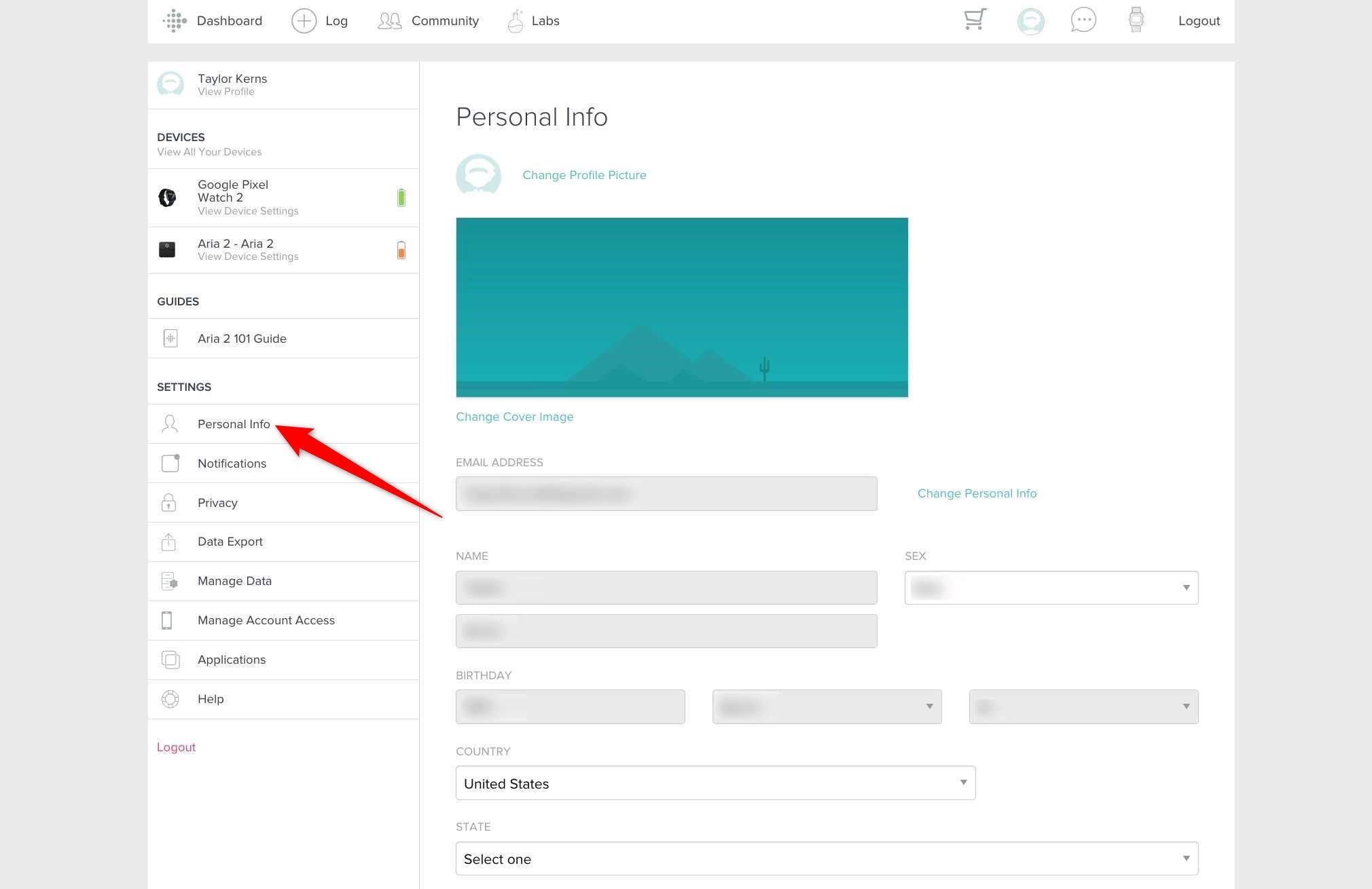 Personal info option on the Fitbit website