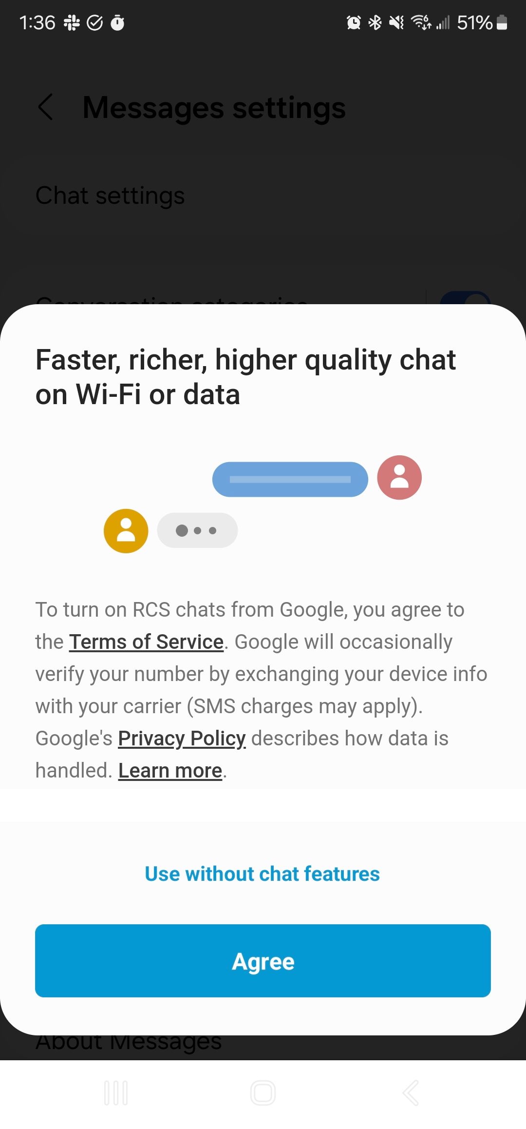 A screenshot of a RCS messaging pop-up via Google services on an Android phone.