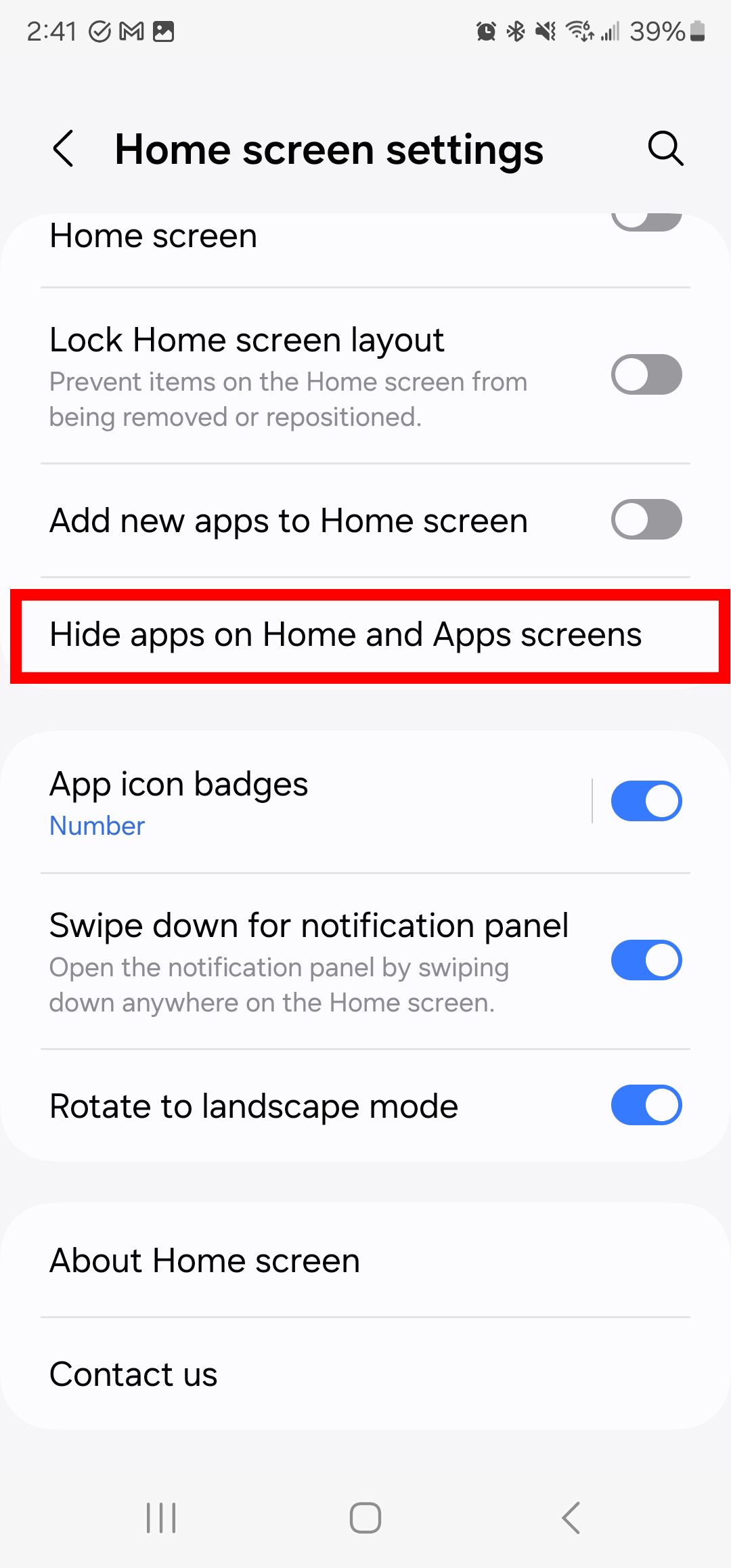 A screenshot of the Samsung Galaxy home screen settings page with the hide apps option checked.