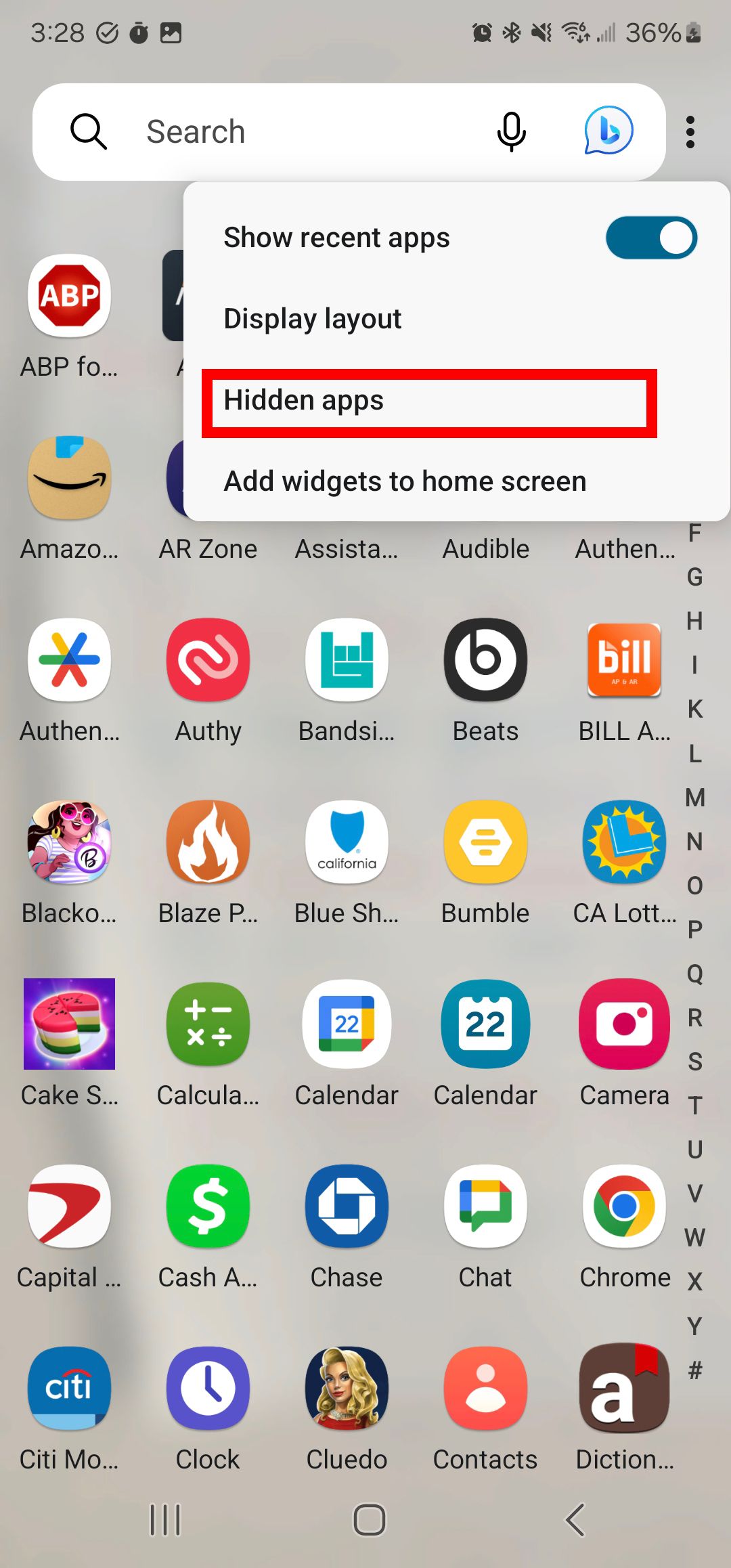 Screenshot of a Samsung phone using the Microsoft Launcher s settings page 