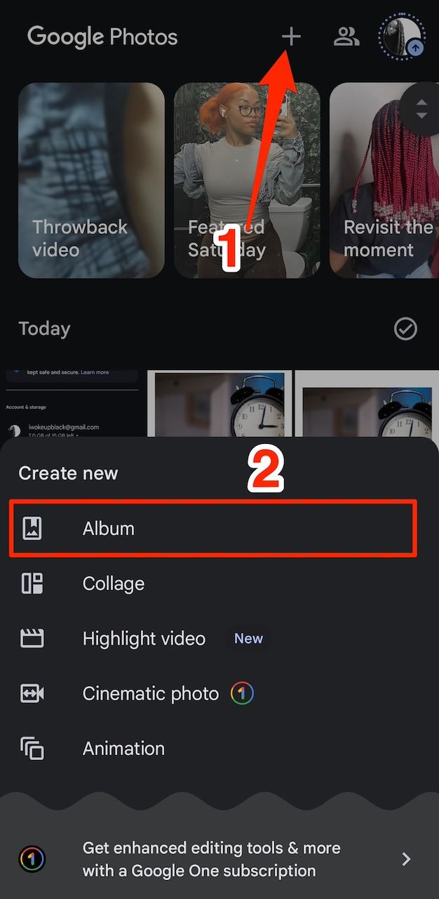 Selecting option for creating an album in Google Photos app