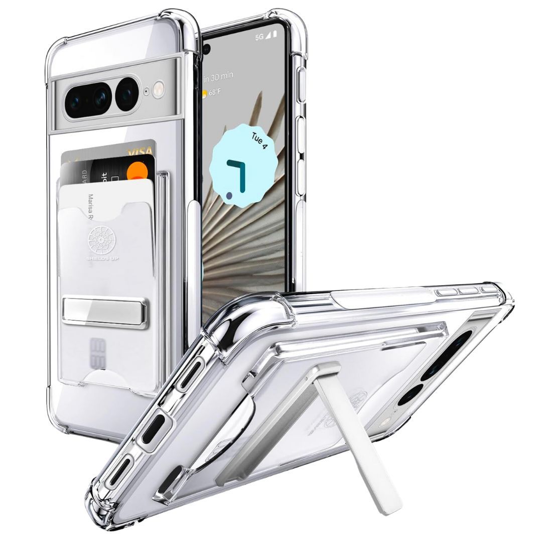 Displaying the Shields-up case with the front and back design holding three credit cards on the left side, and with the kickstand in-use on the right side