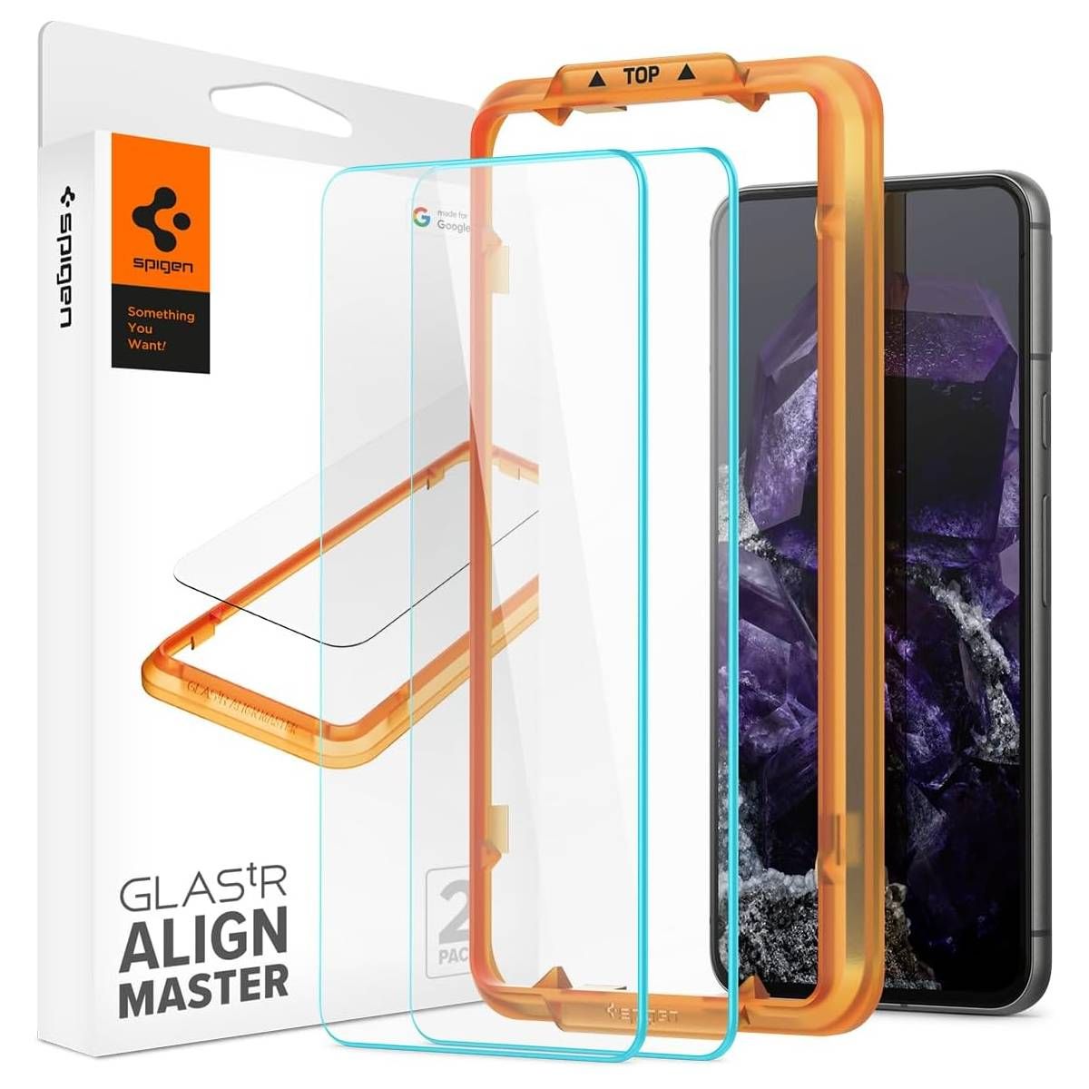 A render of Spigen's Pixel 8 screen protector, its installation frame, and its box