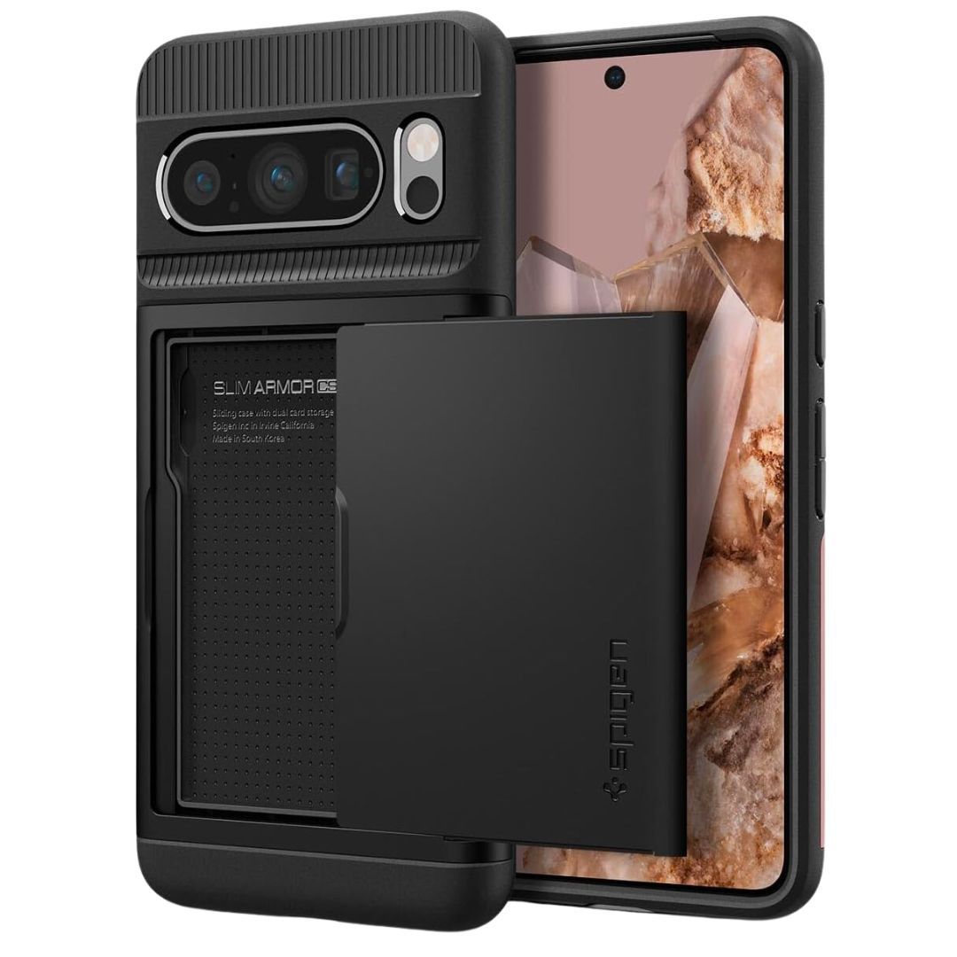 Displaying the front and back of Spigen Slim Armor CS case with the Pixel 8 Pro inside it