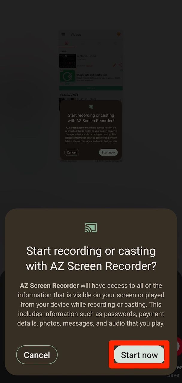 Start now recording option on AZ Recorder Android app