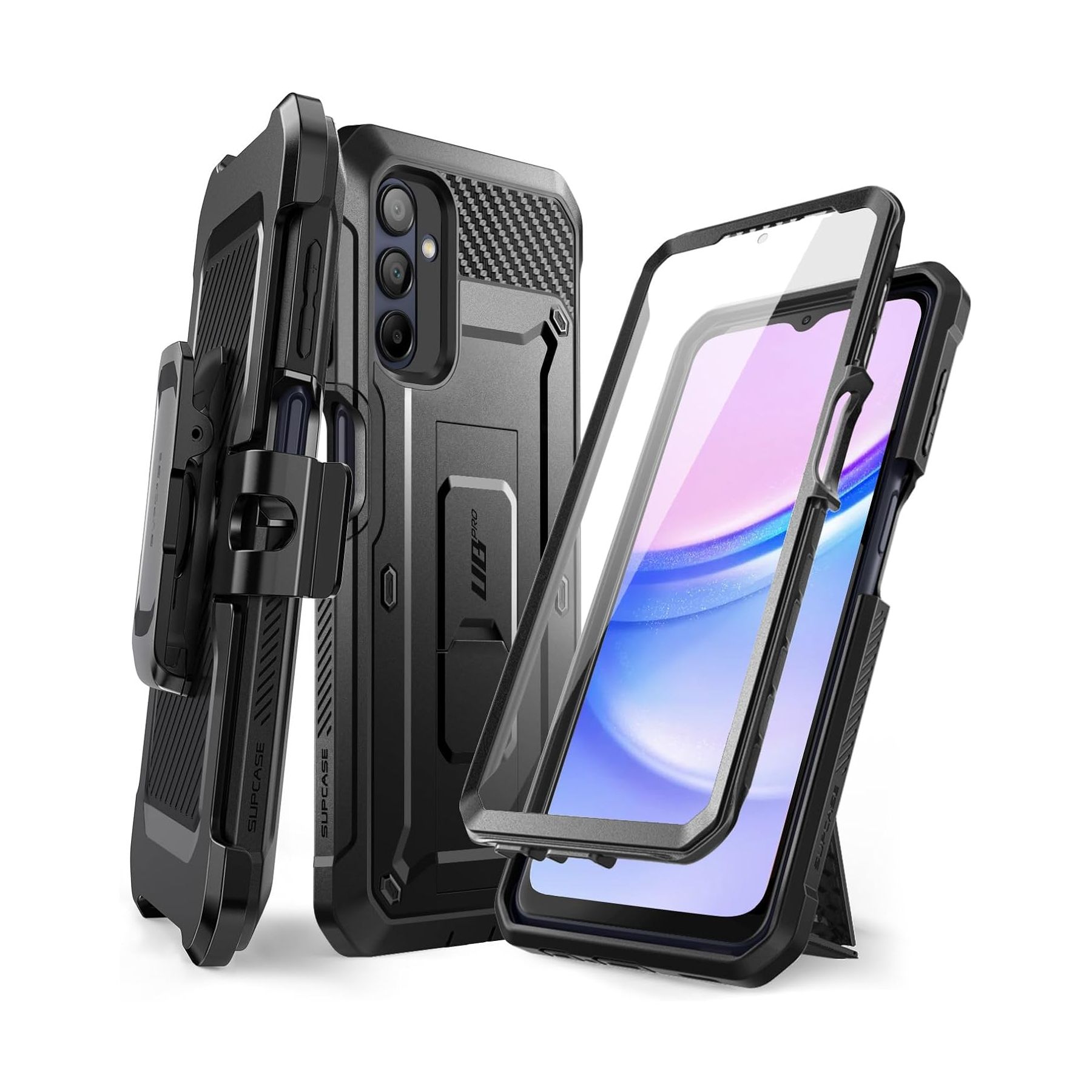 Render of SUPCASE Unicorn Beetle Pro case for Samsung Galaxy A15 showing holster and reemovable screen protector