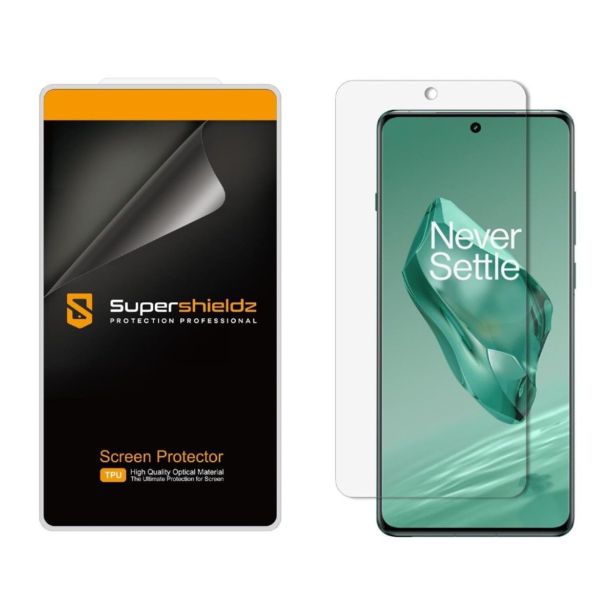 A Supershieldz screen proetctor retail pack, a screen protector and a OnePlus 12 on a white background