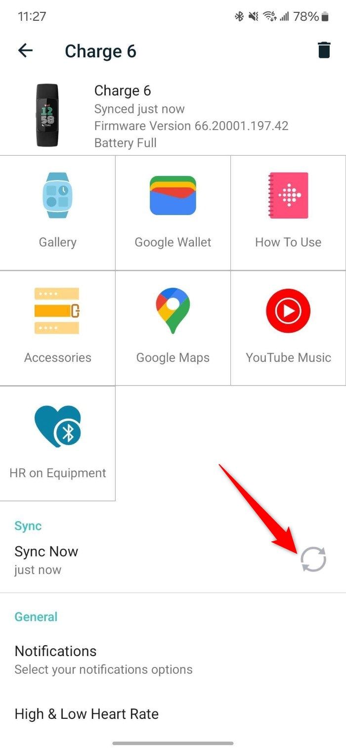 Sync option on the Fitbit Android app