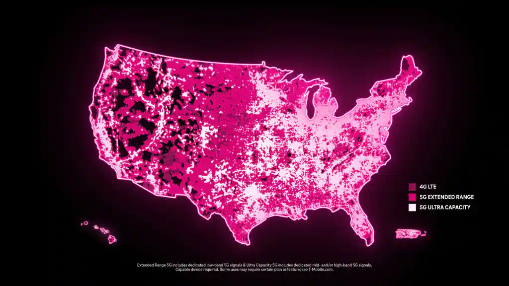 A coverage map of the United States indicating T-Mobile's network with 4G LTE in light pink, 5G Extended Range in darker pink, and 5G Ultra Capacity in darkest pink.