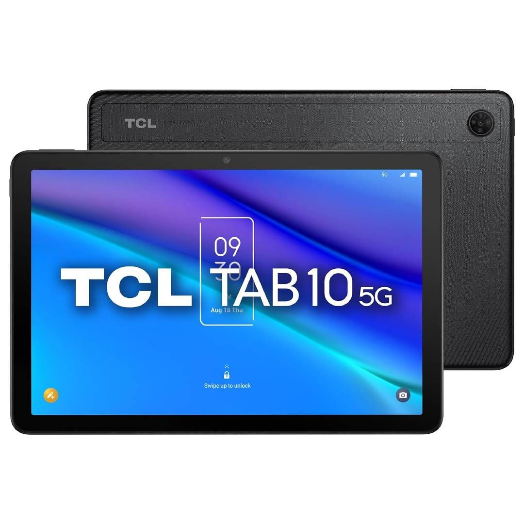 A render of the front of the TCL Tab 10 5G, and the top of the back.