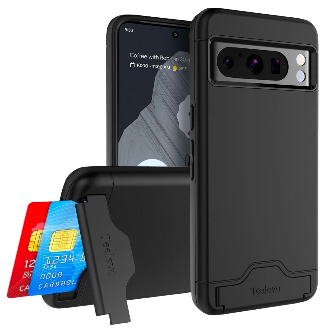 Displaying the bottom of Teelevo wallet case in landscape with two cards coming out of it, and the front and back panel of the case with the Pixel 8 Pro inside it