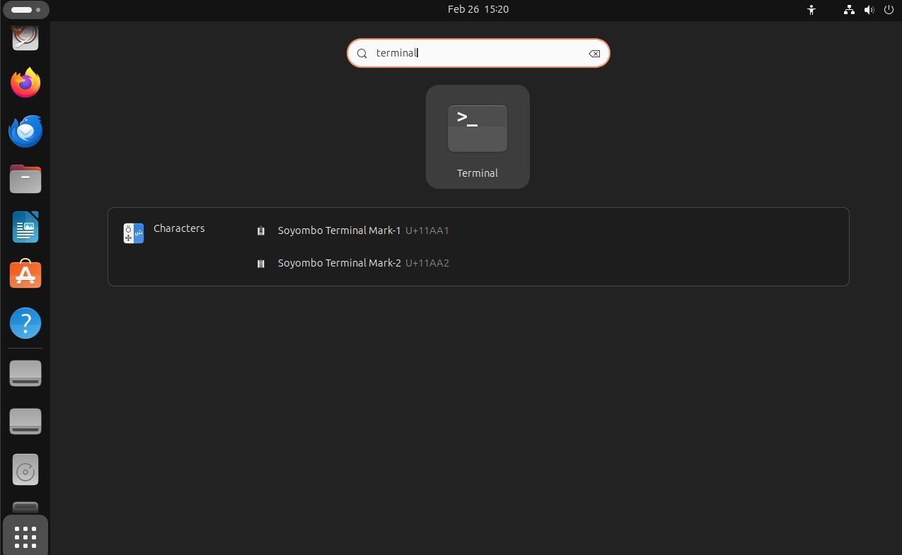 Doing a search for the Terminal app in the app drawer on Ubuntu.