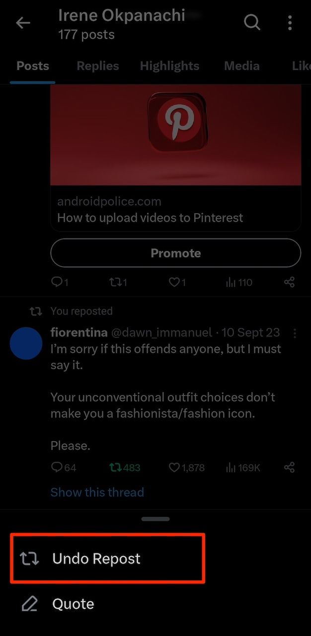 Undoing a repost on the X mobile app
