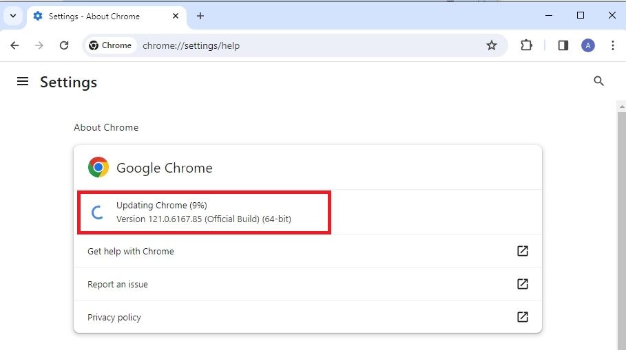 Screenshot highlighting 'Updating Chrome' in Chrome