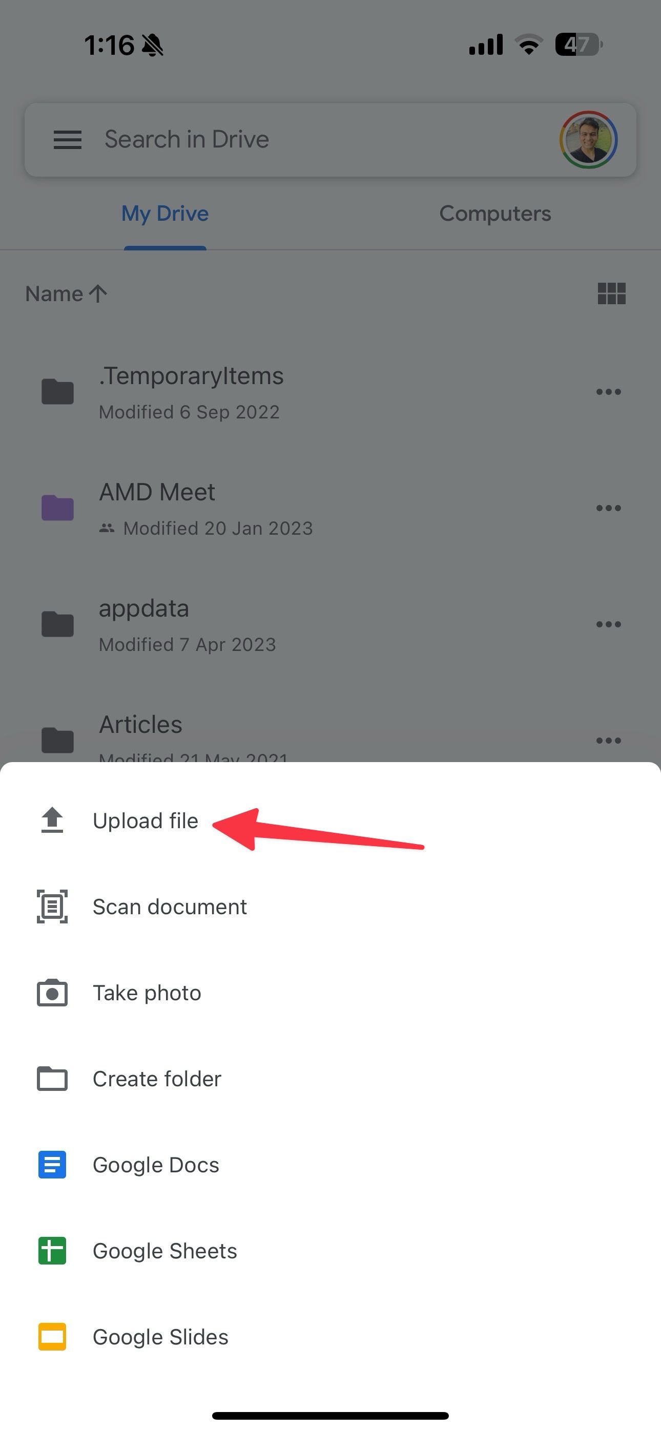 upload file on Drive for iPhone