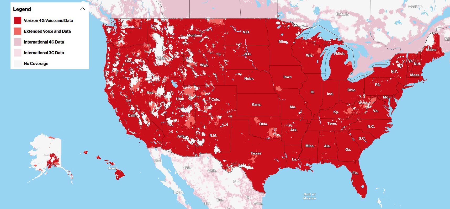 A coverage map of the United States showing Verizon's network with areas of 4G Voice and Data in red, Extended Voice and Data in lighter red, and International 4G Data in pink, along with zones of no coverage.