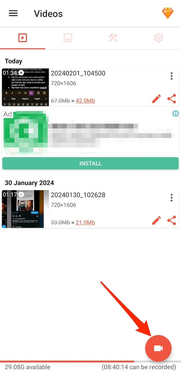 Videos menu on AZ Recorder app Android