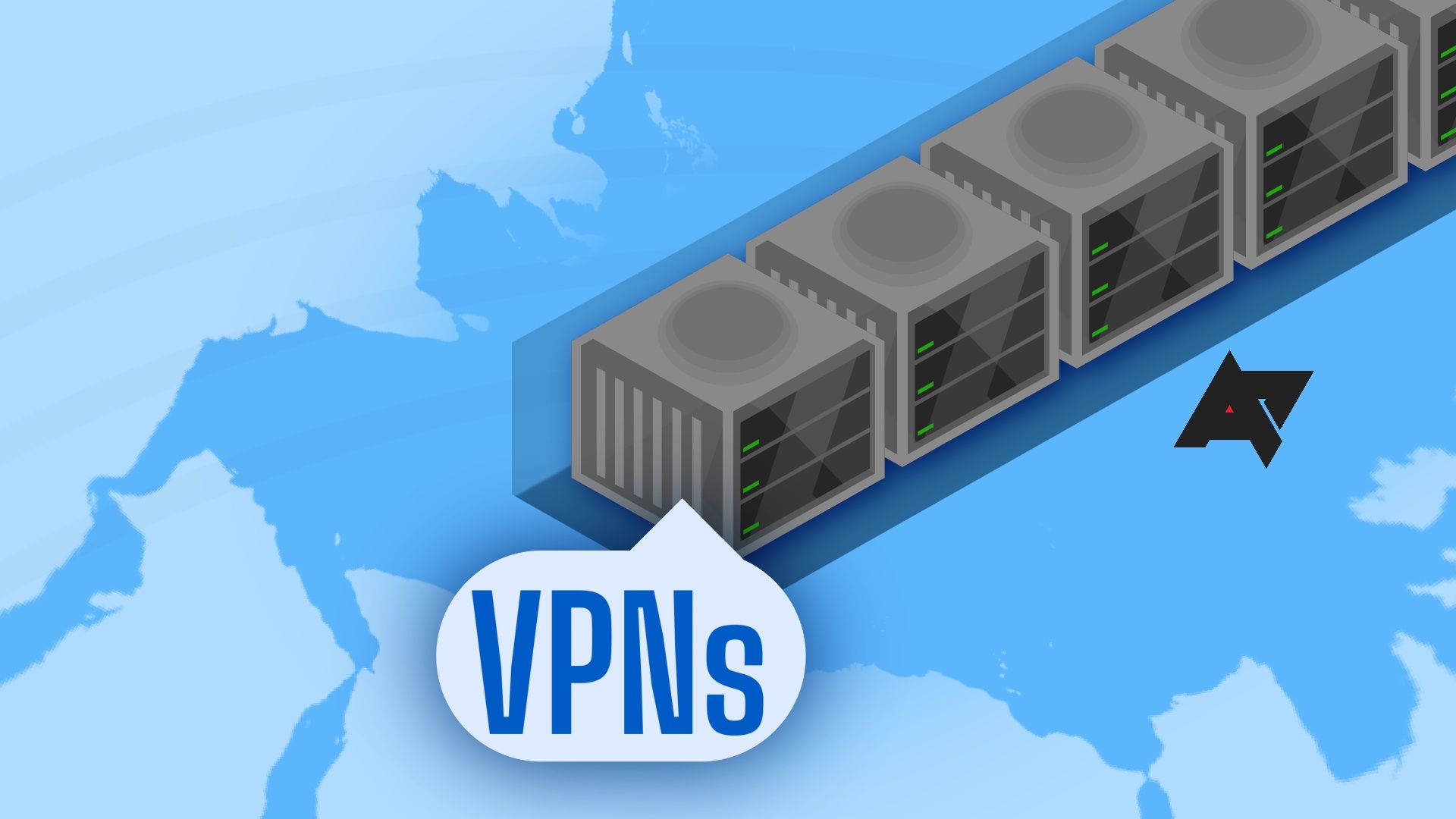 A cartoon image of VPN servers on top of a map, with a speech bubble saying 'VPNs' and the Android Police logo