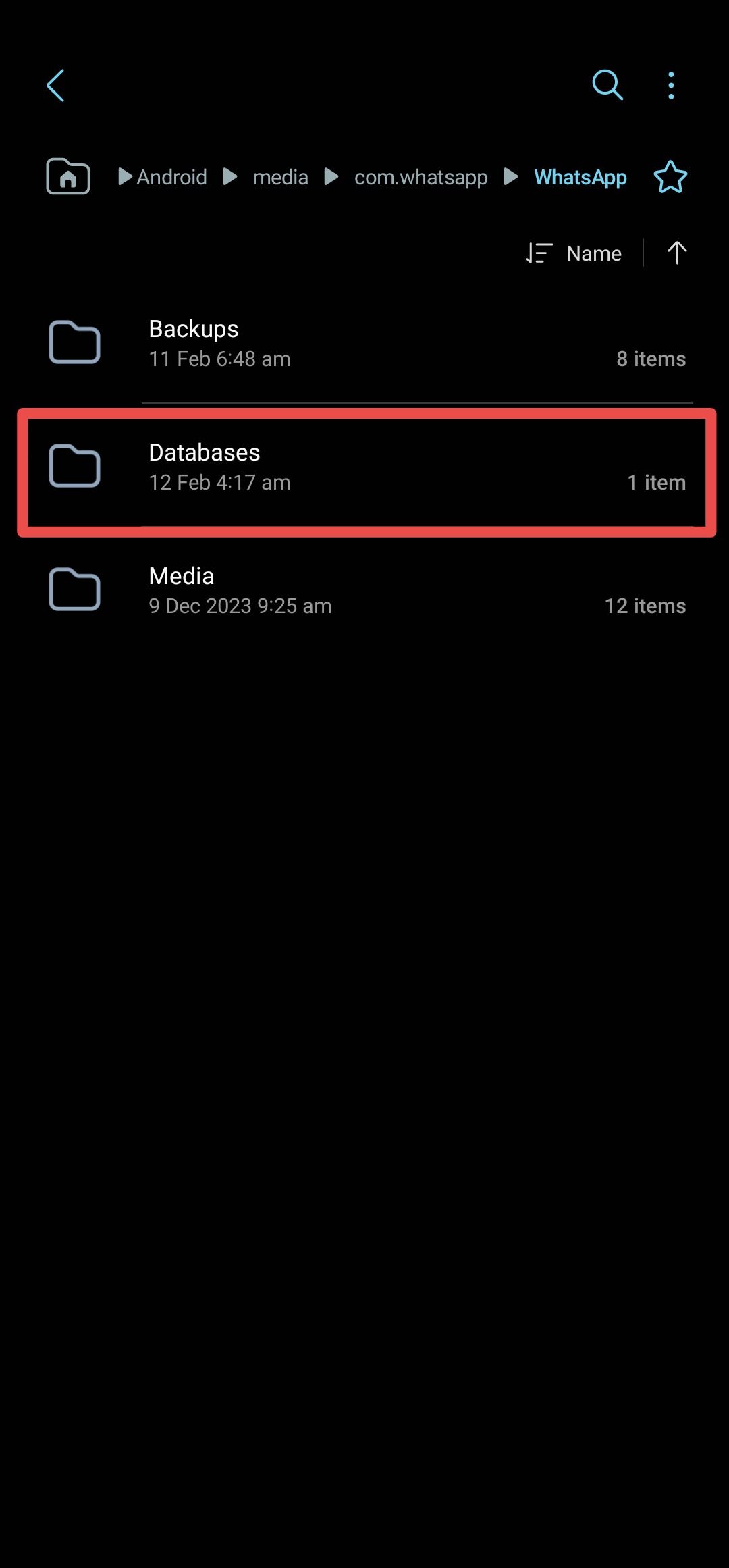 Samsung file manager with WhatsApp database highlighted