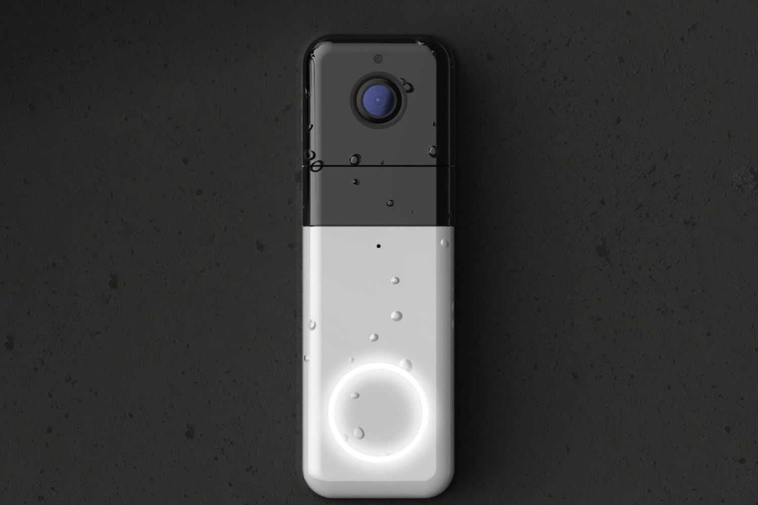 The Wyze Video Doorbell Pro covered in raindrops