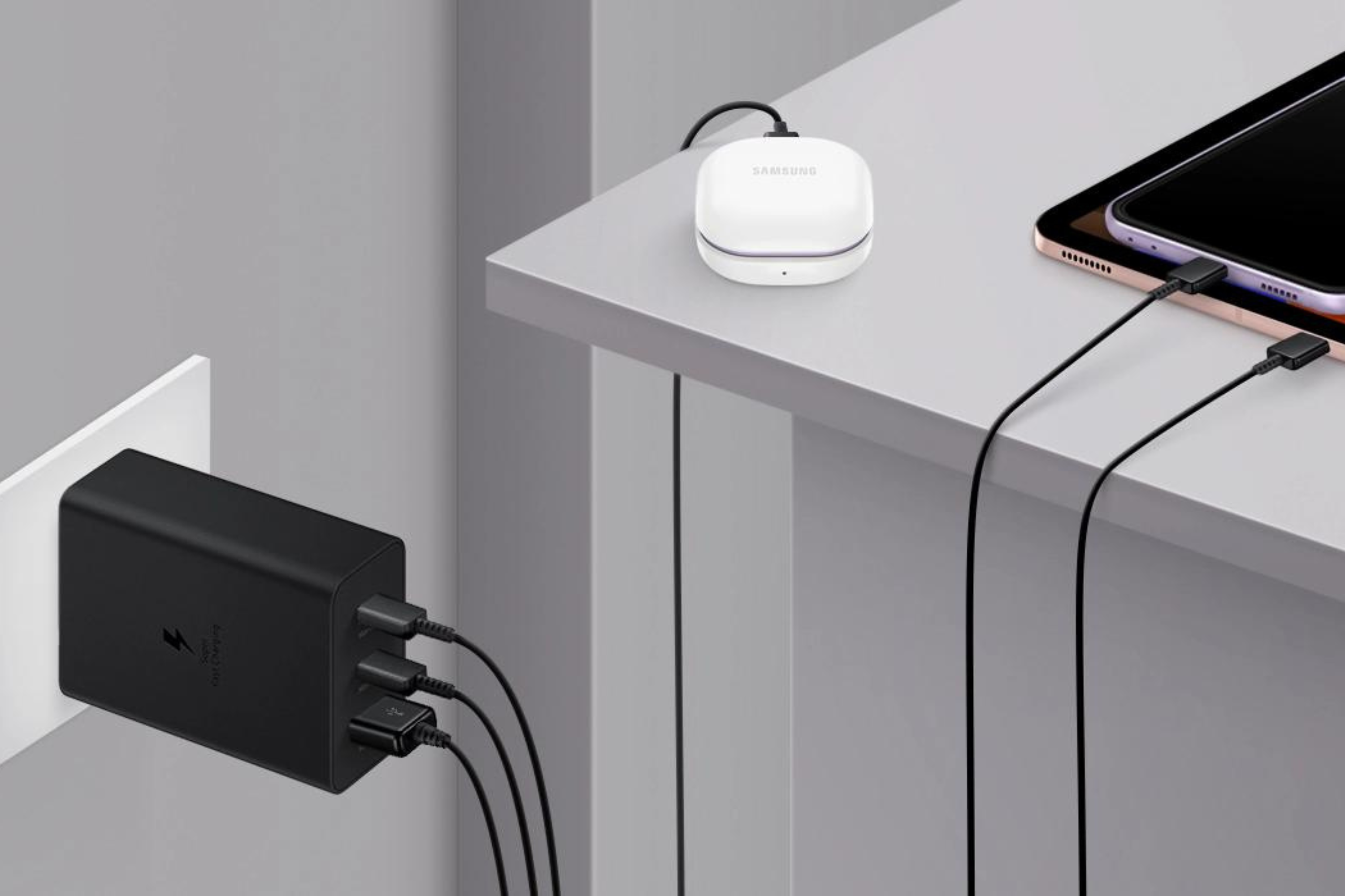 Samsung 3-Port Super Fast Charging Wall Charger plugged into devices