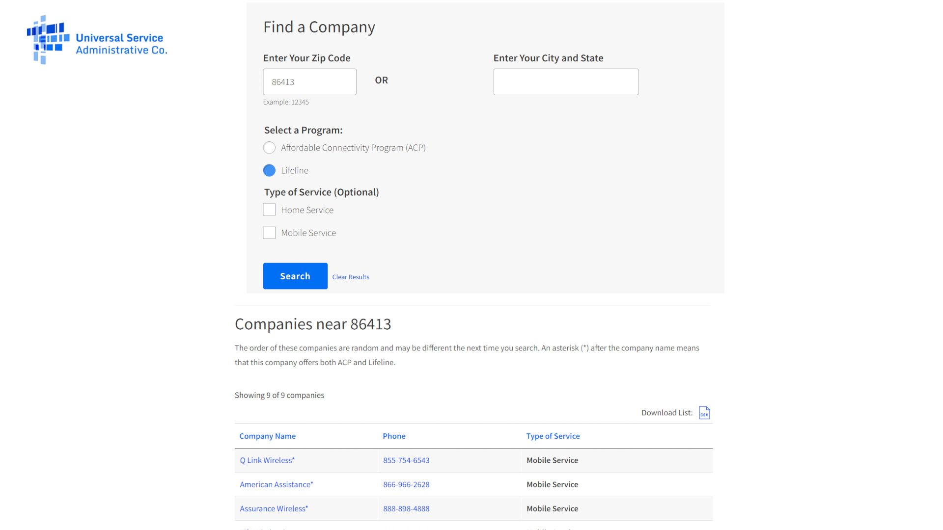 A screenshot showing how to find Lifeline support providers