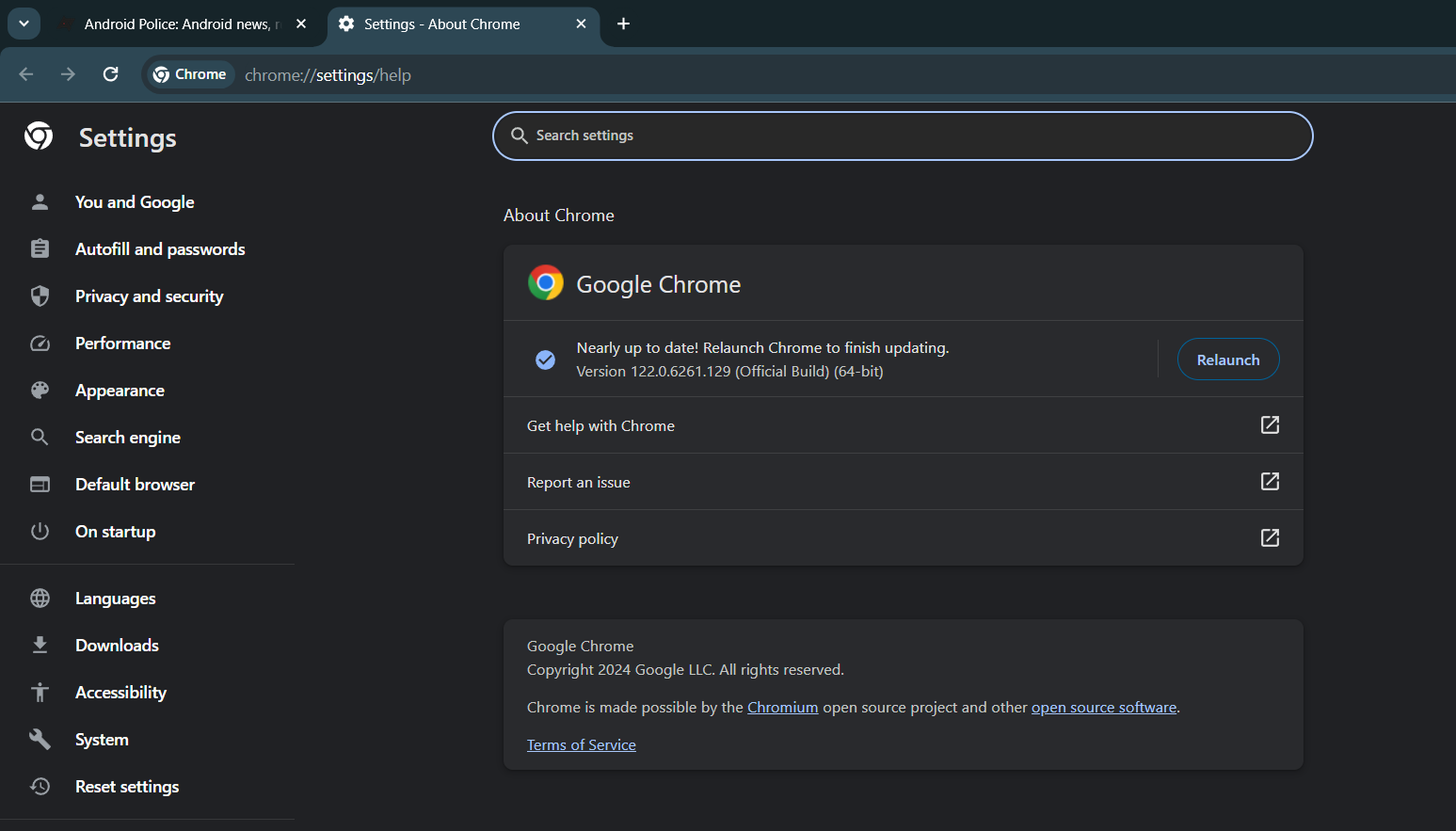 Screenshot showing the About Chrome section in Google Chrome