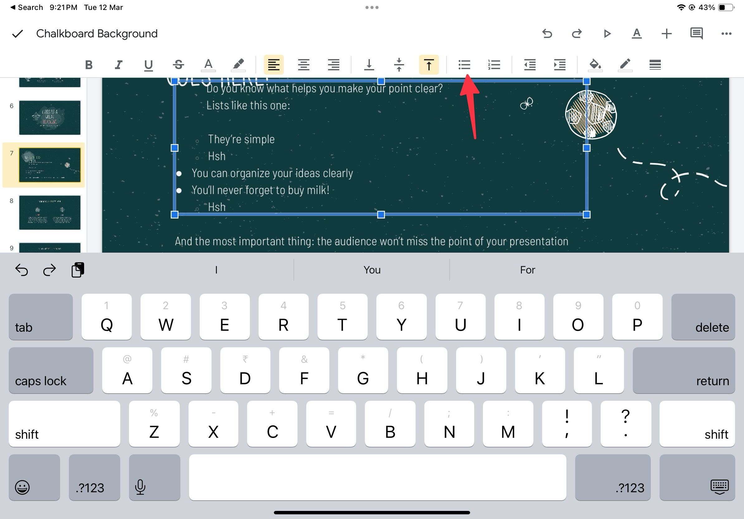 add bullet points to google slides on iPad