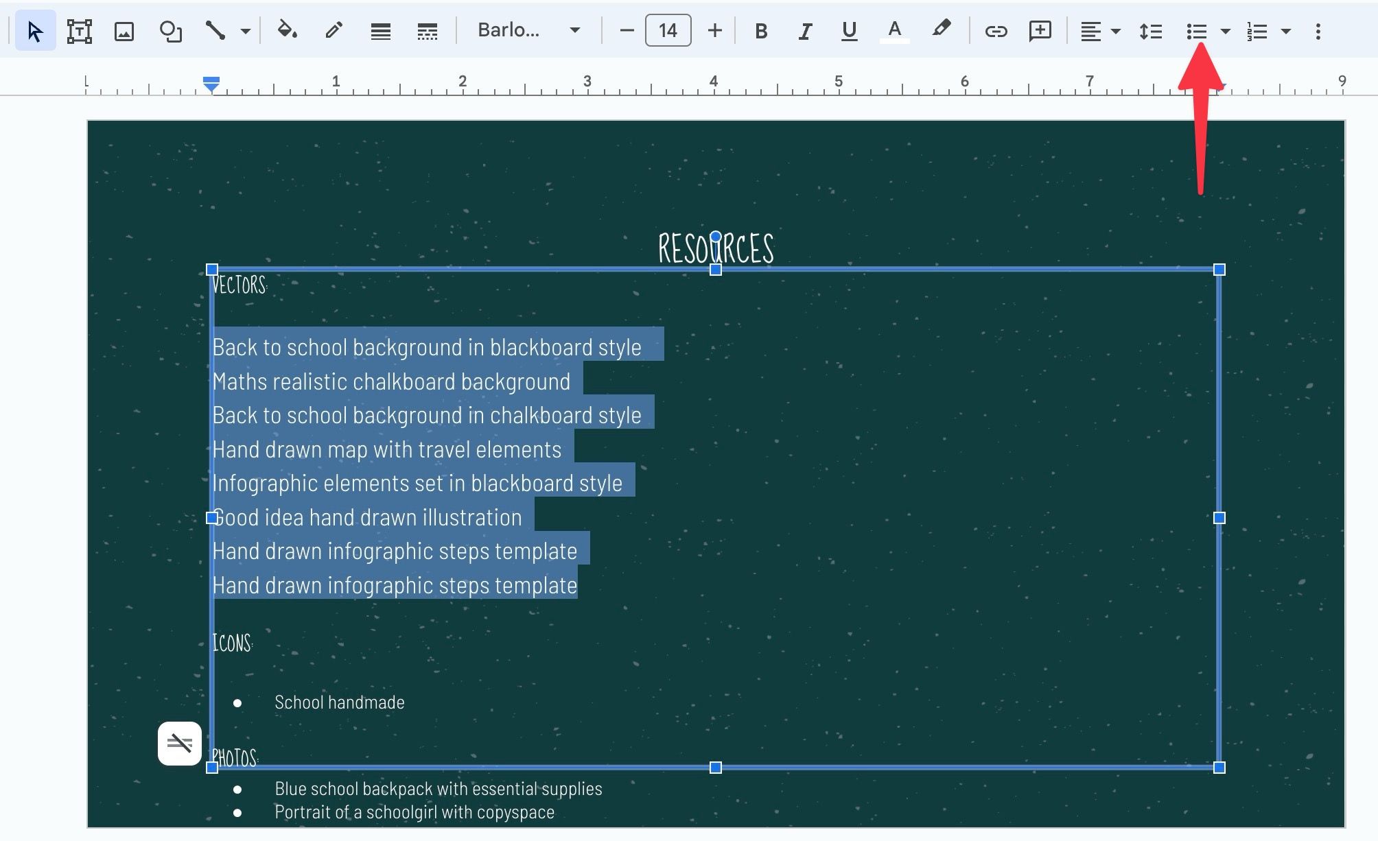 add bullet points to google slides presentation