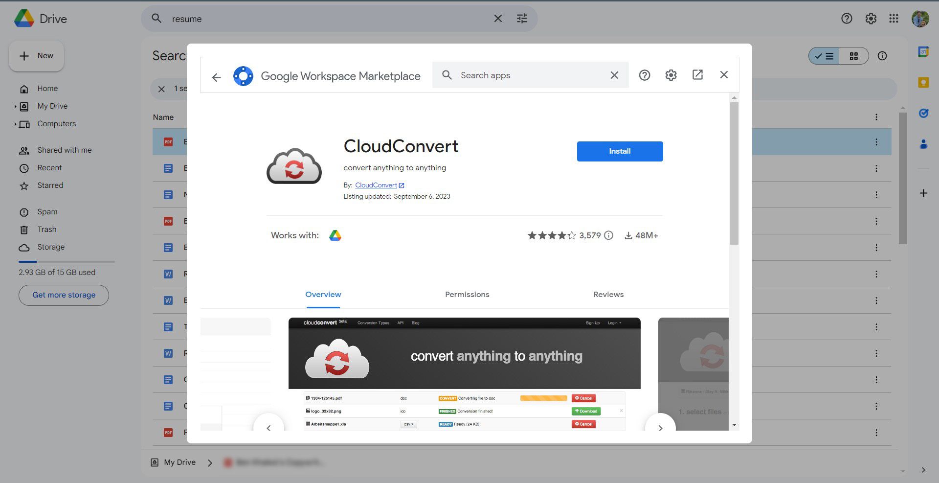 a screenshot of the Google Workspace Marketplace with an overlay window featuring the CloudConvert application. The window highlights the app's title, "convert anything to anything," along with a blue "Install" button