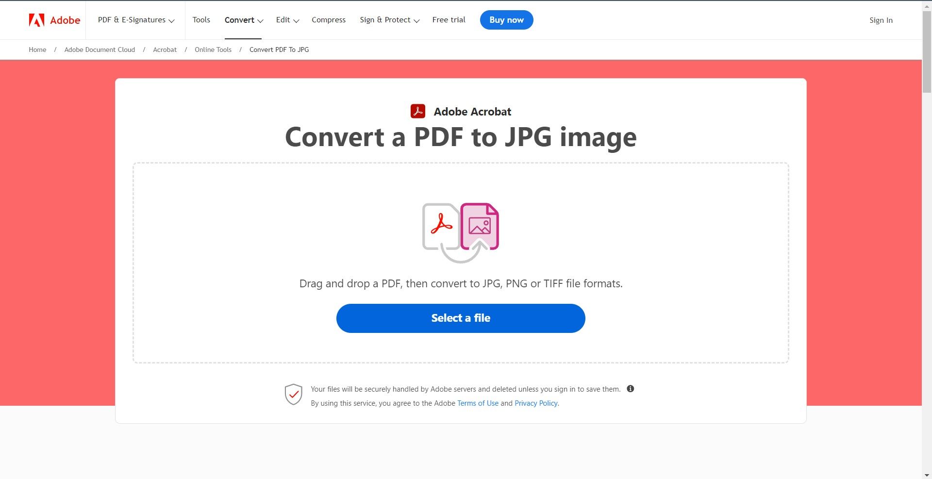 the Adobe Acrobat online tool interface for converting a PDF to a JPG image.