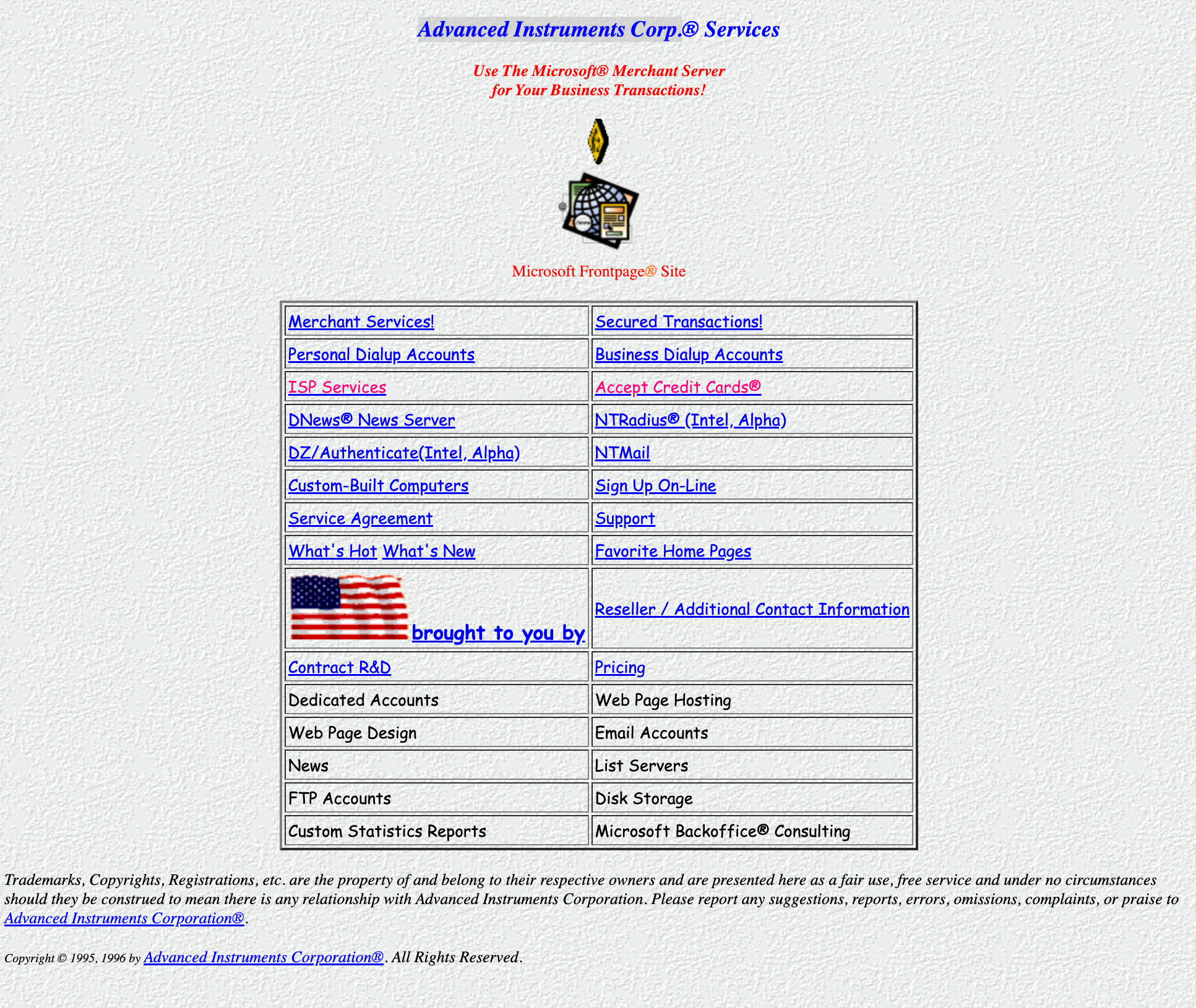 A screenshot of the AI.com website from 1996 showing comic sans fonts and a business that isn't related to artificial intelligence