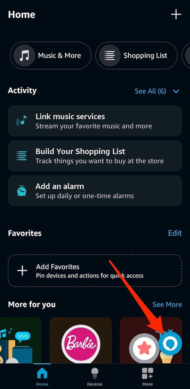 Selecting the Alexa button on the Amazon Alexa app