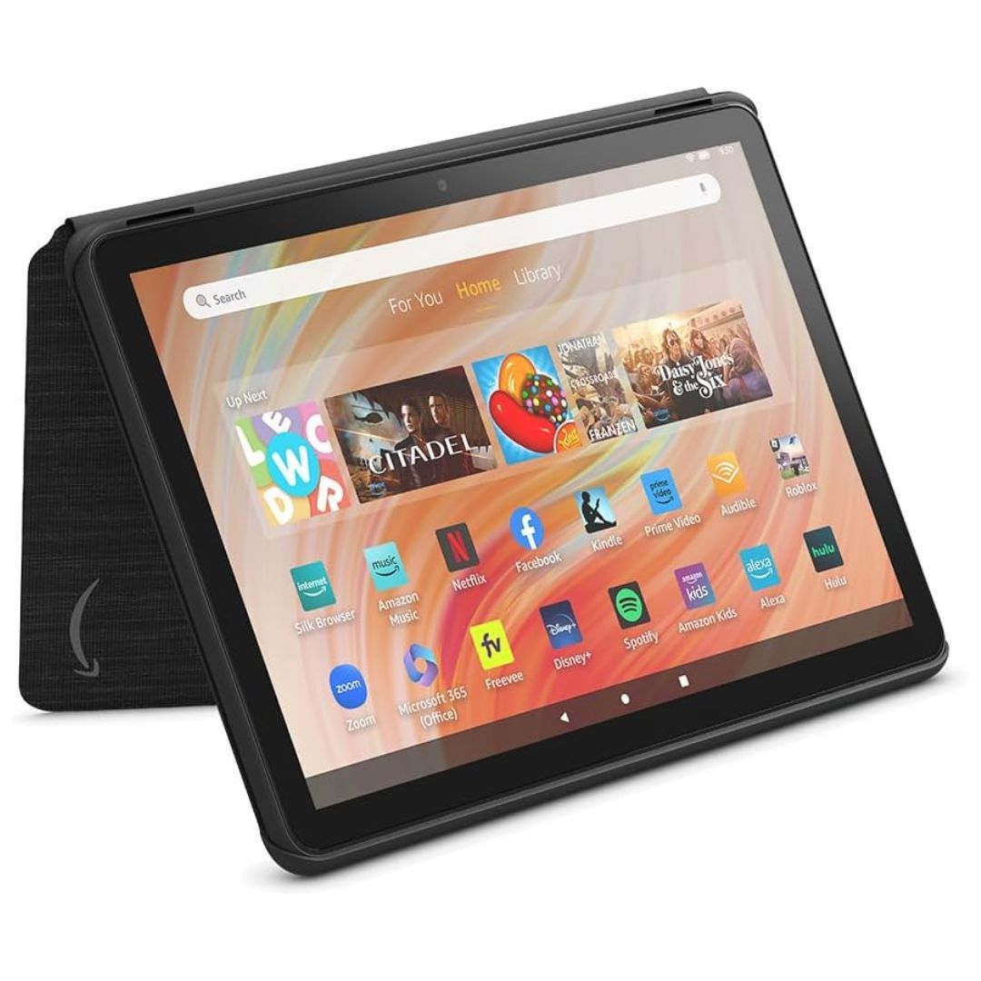 A tablet in tent mode using a case with the screen displaying the homescreen