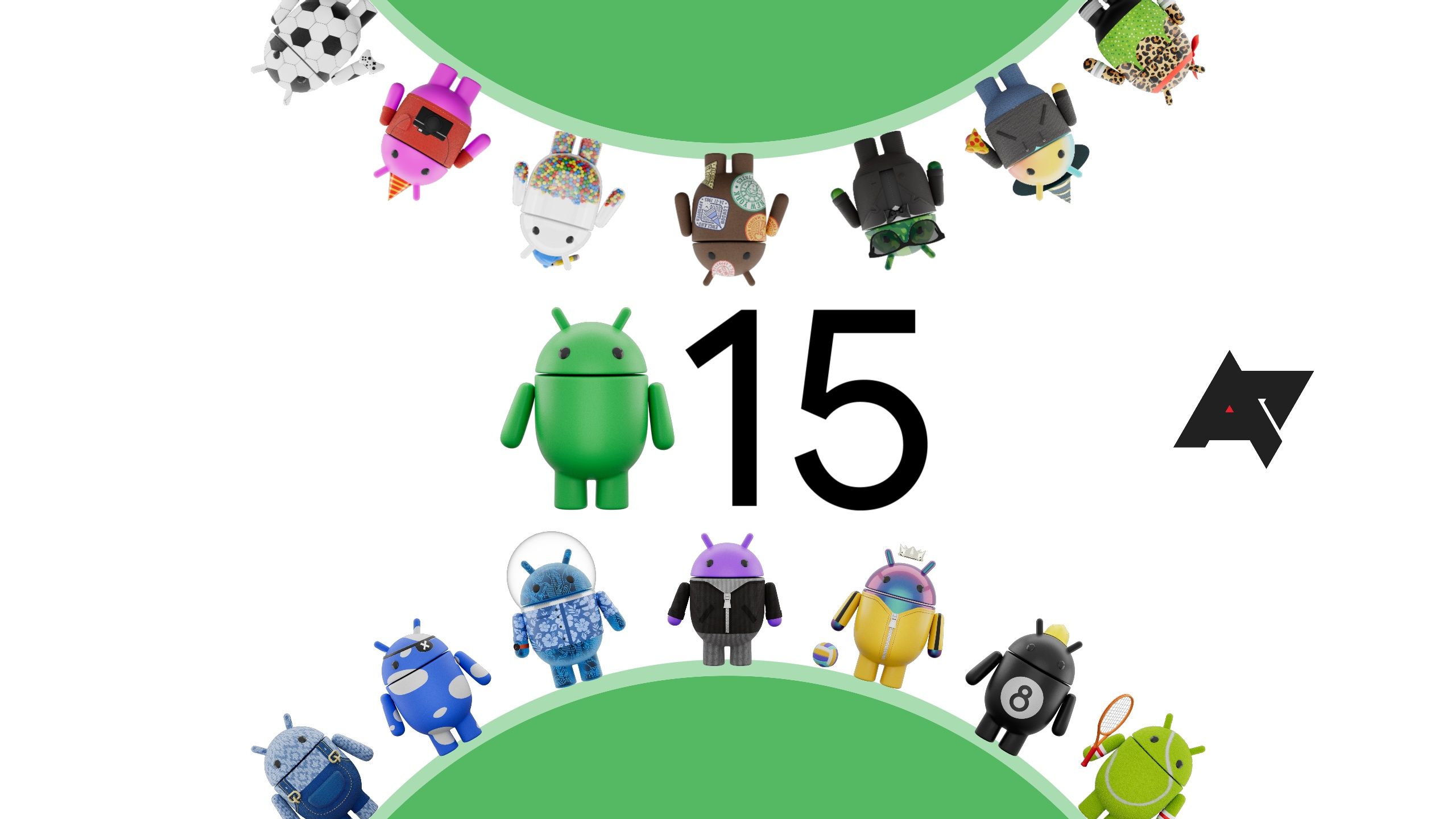 Android 15 featured image with various Android logo
