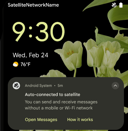 Screenshot showing Android 15's new satellite connectivity indicator and a notification from the Android System that lets users know when their phone is connected to a satellite for data and texts.