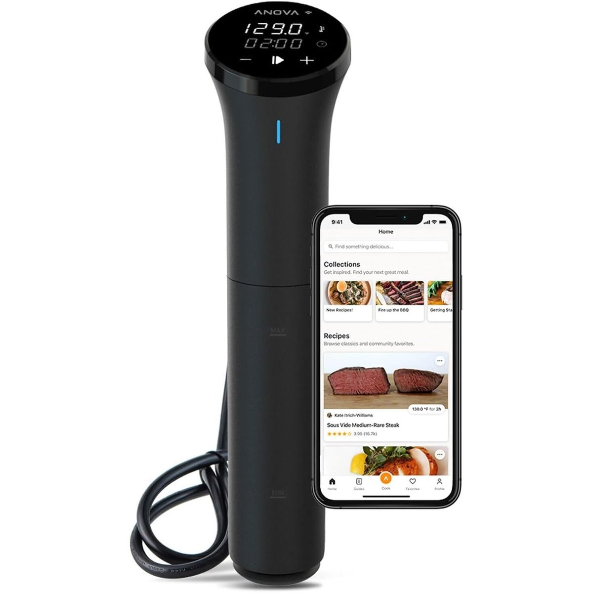 The Anova Precision Cooker Nano 3.0 and a smartphone against a white background