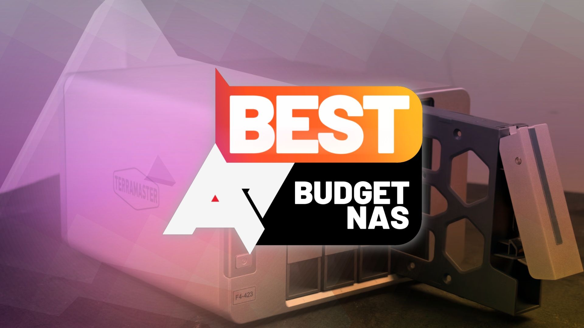 A photo of a 4-bay Terramaster NAS with one of the bays open, and an 'AP Best Budget NAS' logo in front