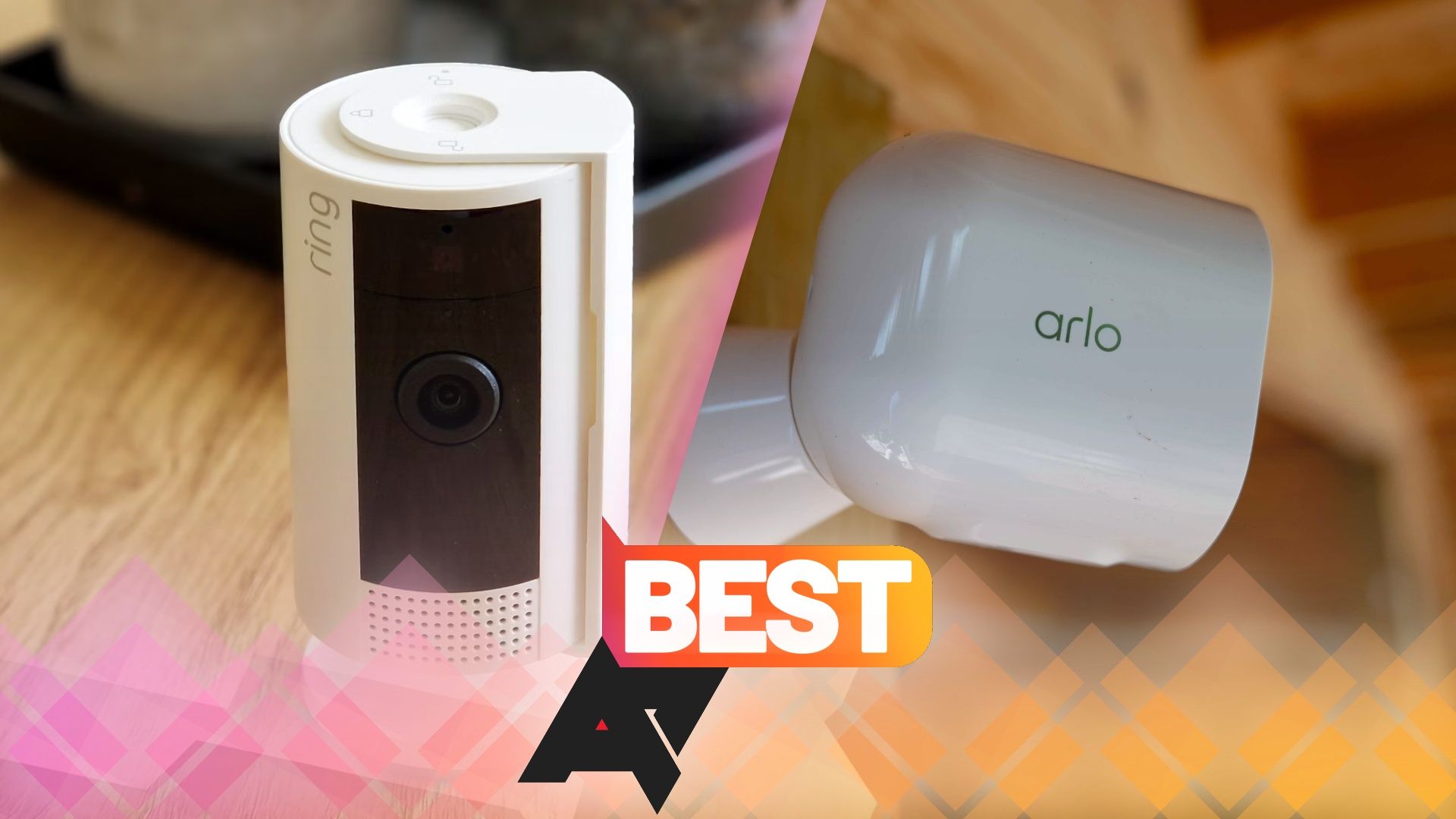 Photos of a Ring and an Arlo home security camera with an AP Best logo between them