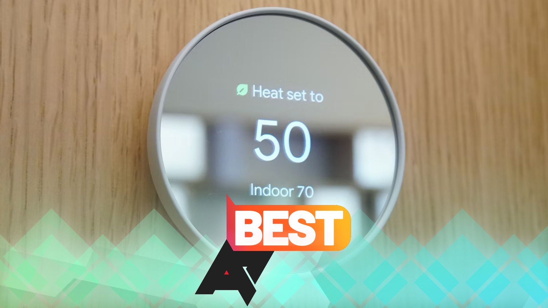 A photo of a Google Nest smart thermostat showing a temperature of 50 degrees, mounted on a wall, with an AP Best logo below it