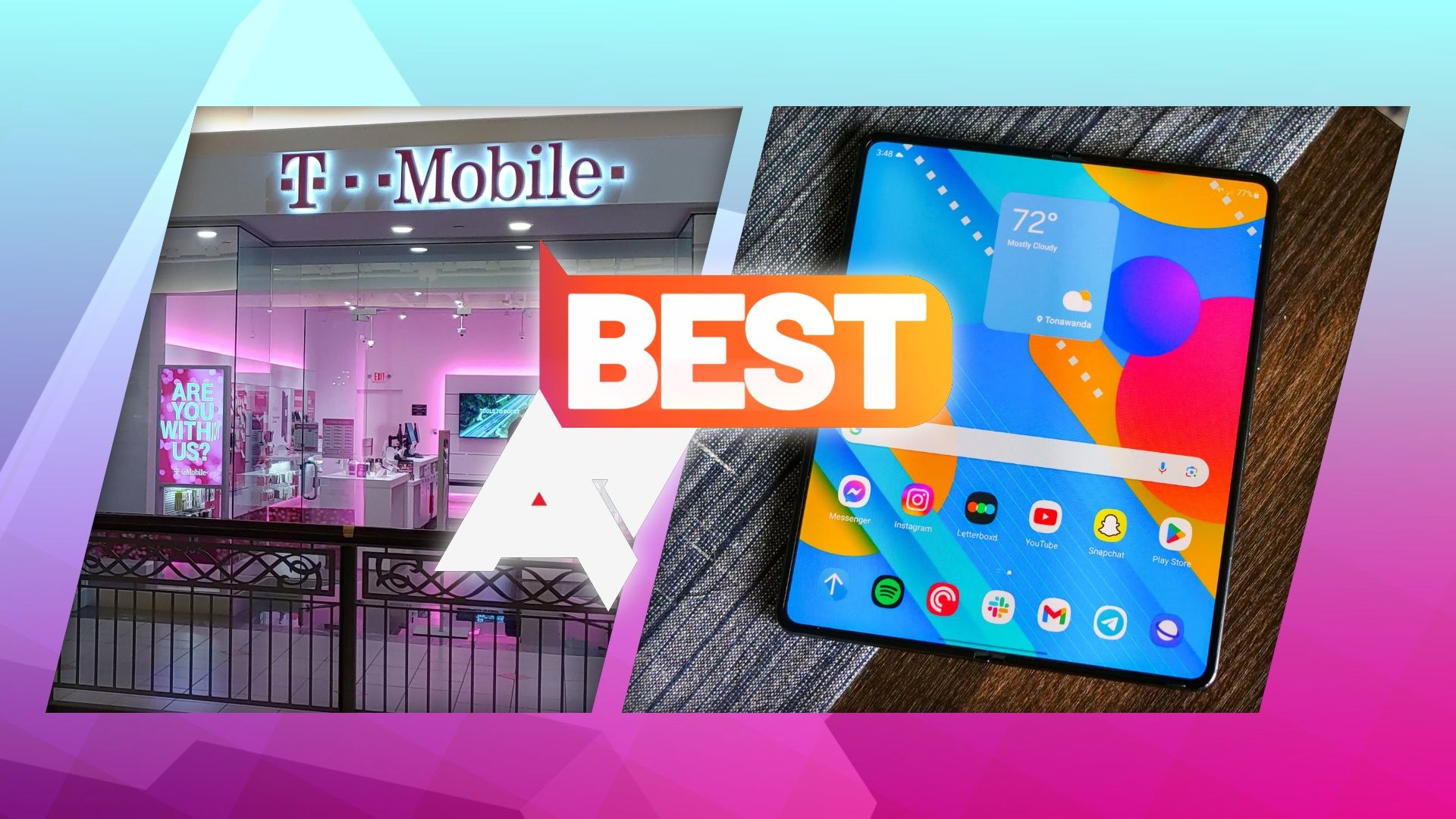 A photo of a T-Mobile store next to a photo of an open Samsung Galaxy Z Fold phone, with an 'AP Best' logo on top