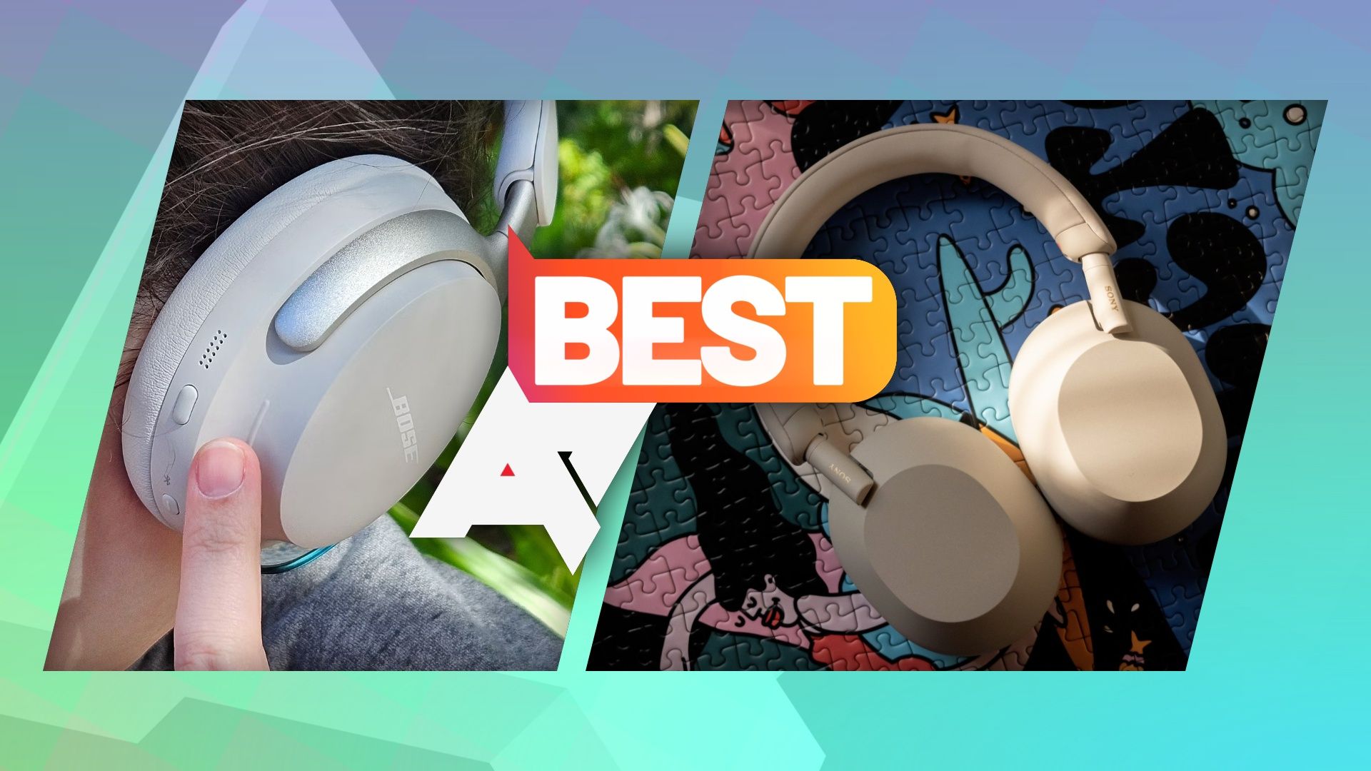 Photos of wireless headphones from Sony and Bose in front of a turquoise background, with an AP Best logo at the front