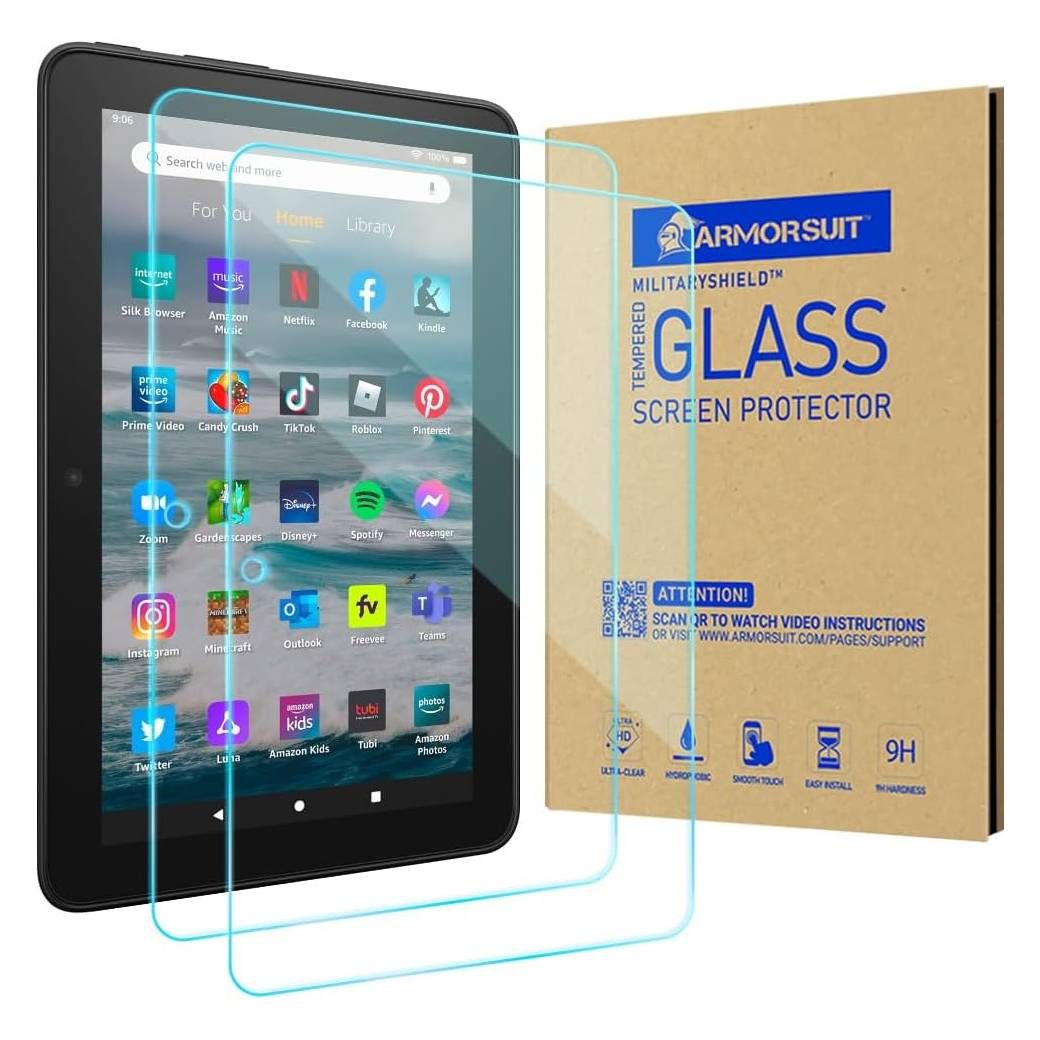 A render of the ArmorSuit tempered glass screen protector for the Fire 7, and its box