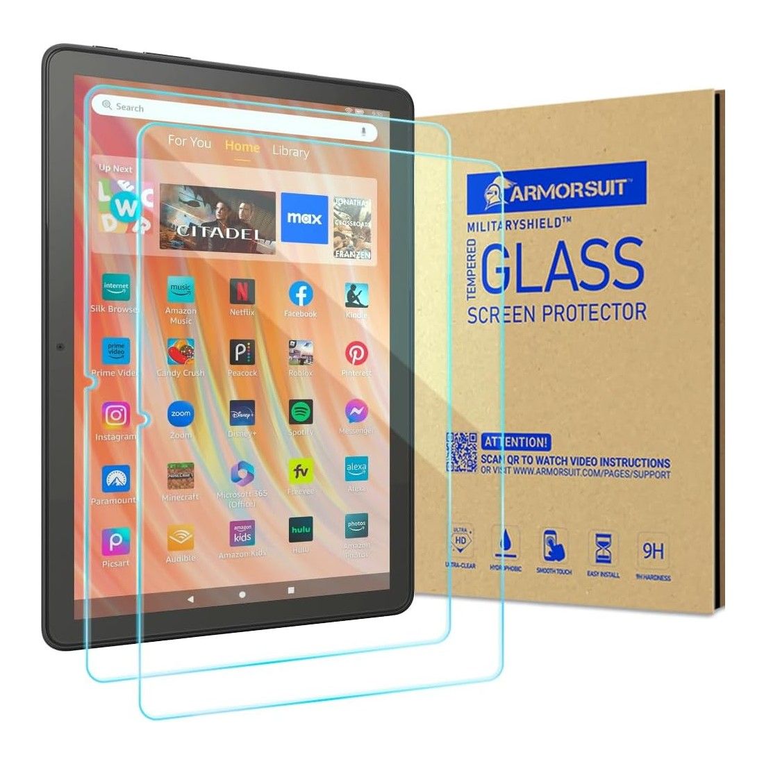 ArmorSuit glass screen protectors and a Fire HD 10 tablet