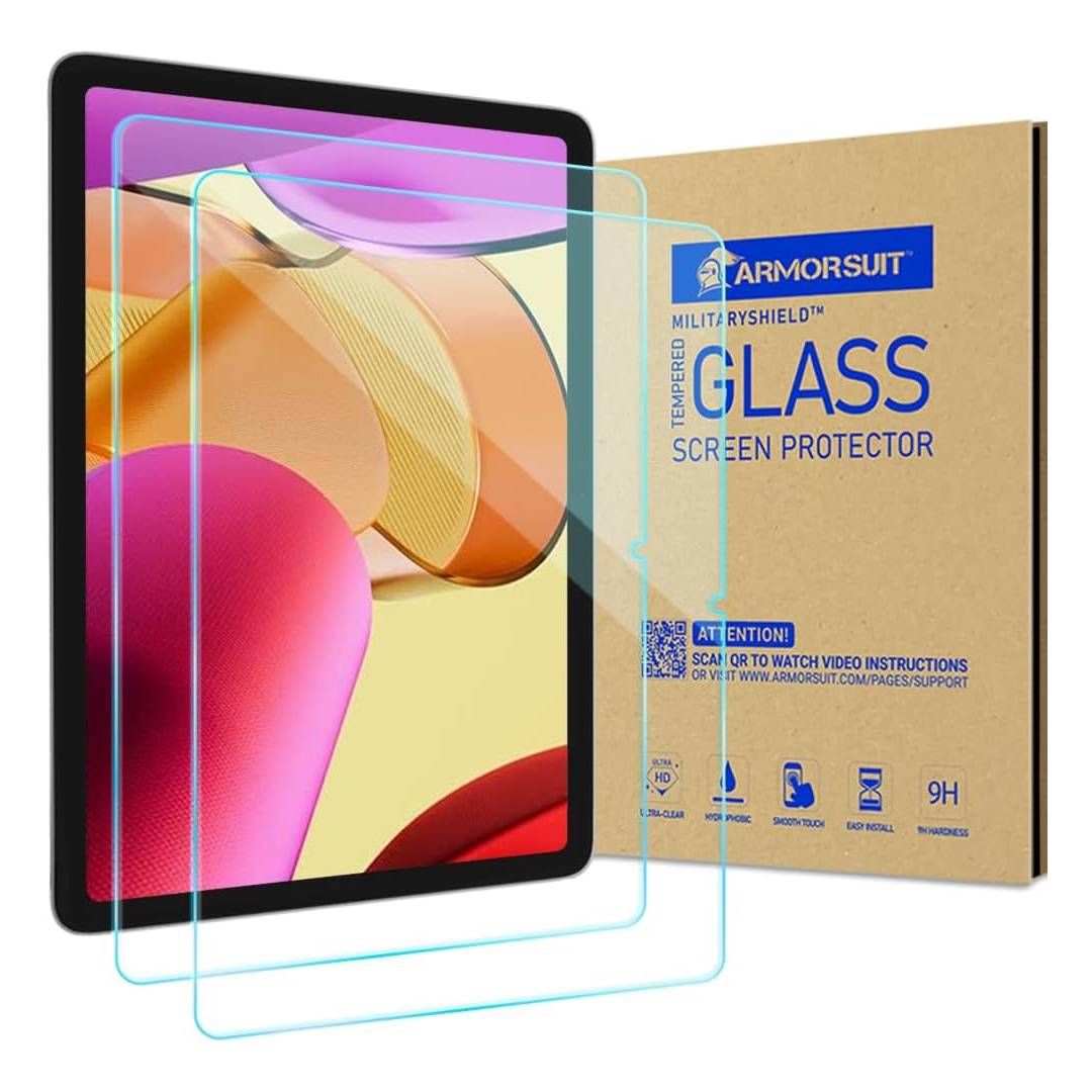 A render of the ArmorSuit tempered glass screen protector for the Fire Max 11, and its box