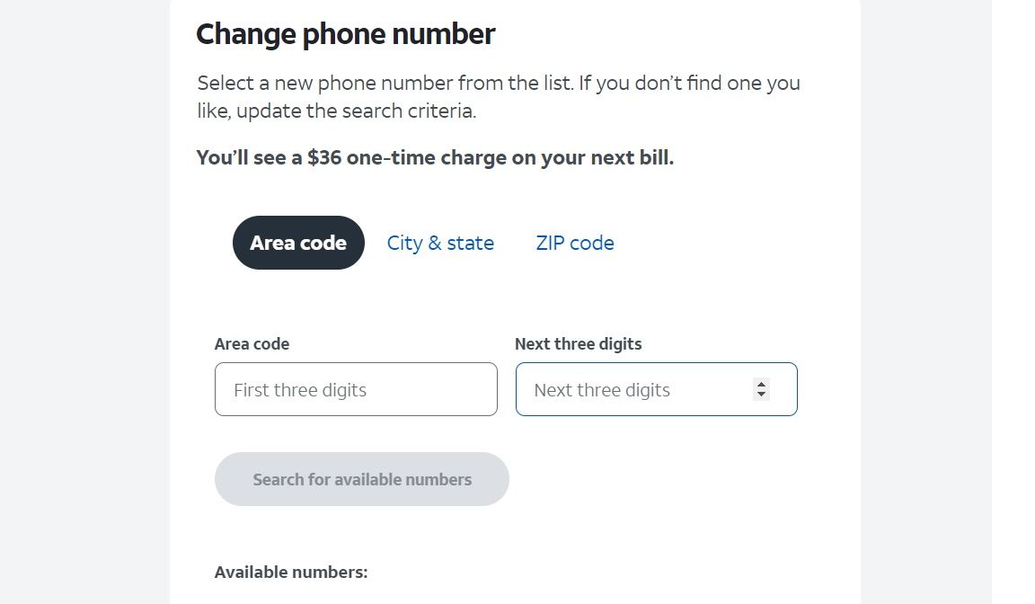 Screenshot of the available numbers dialogue from AT&T's website