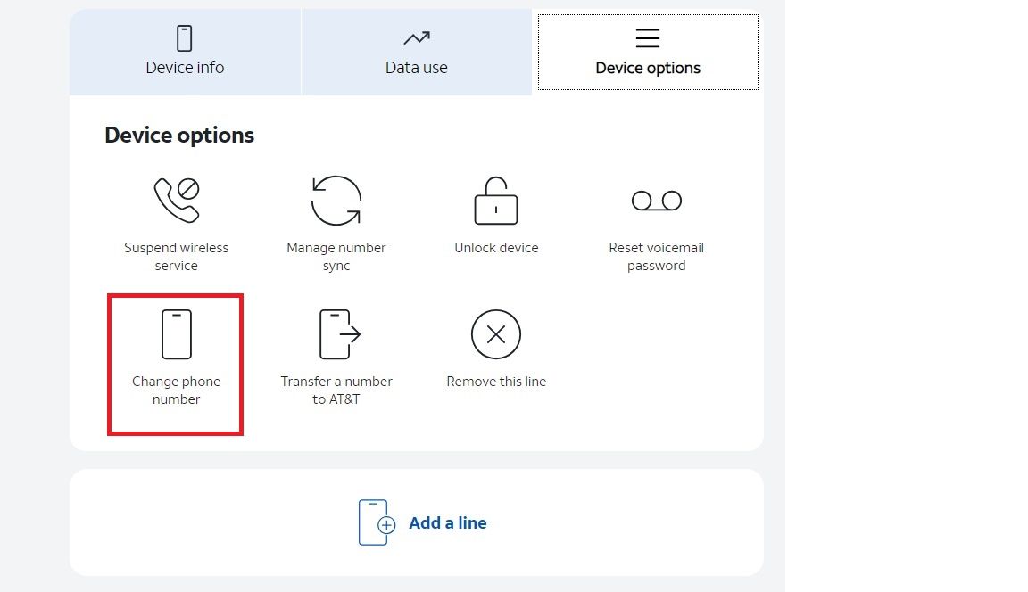 Screenshot showing the Change phone number option on AT&T's website