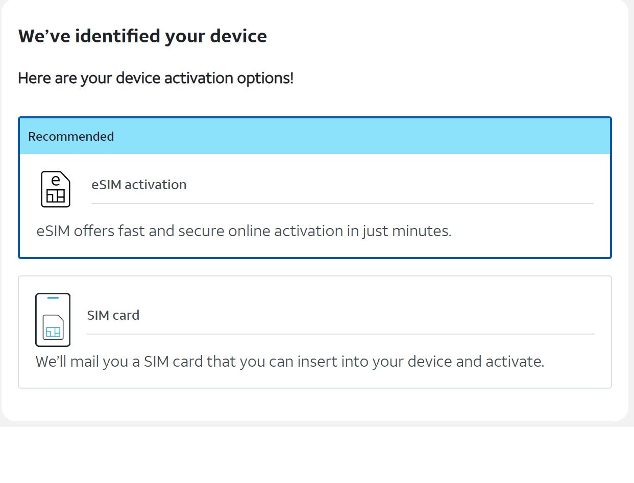 Screenshot from AT&T's website asking the user if they prefer eSIM or SIM card activation