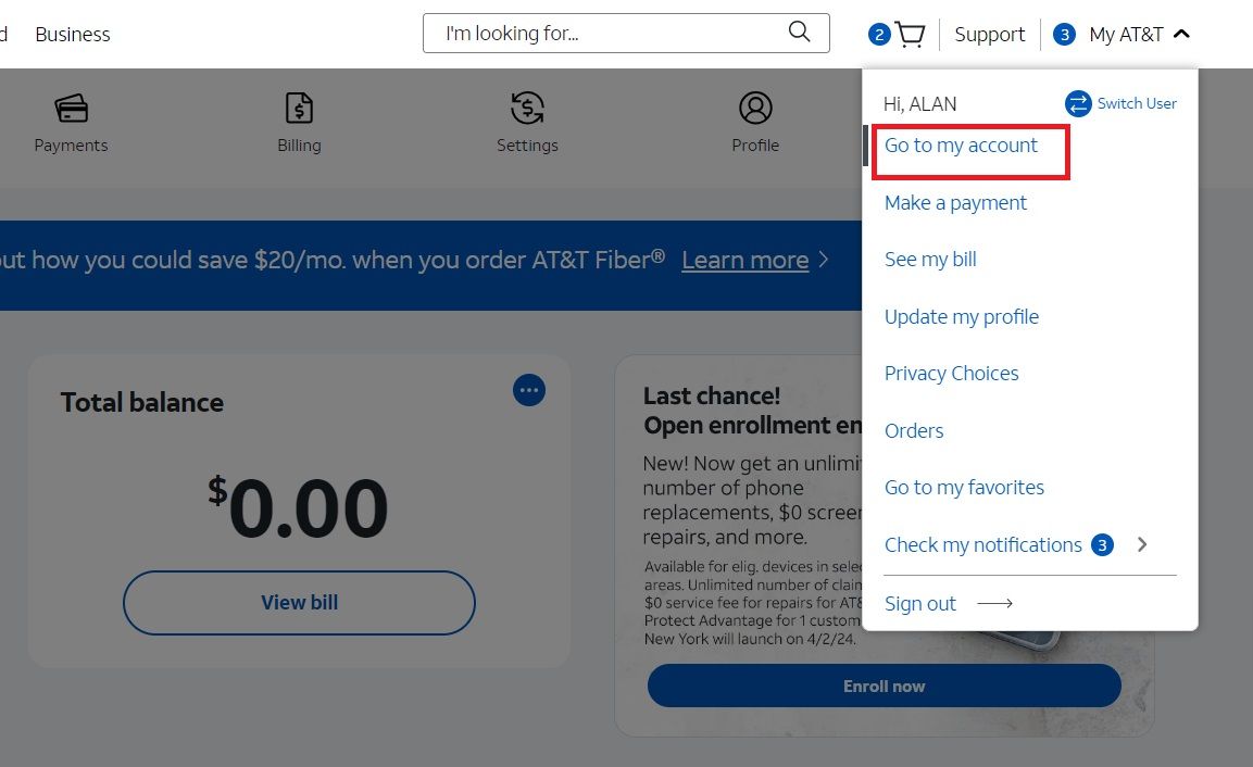 Screenshot showing the Go to my account option on the AT&T website