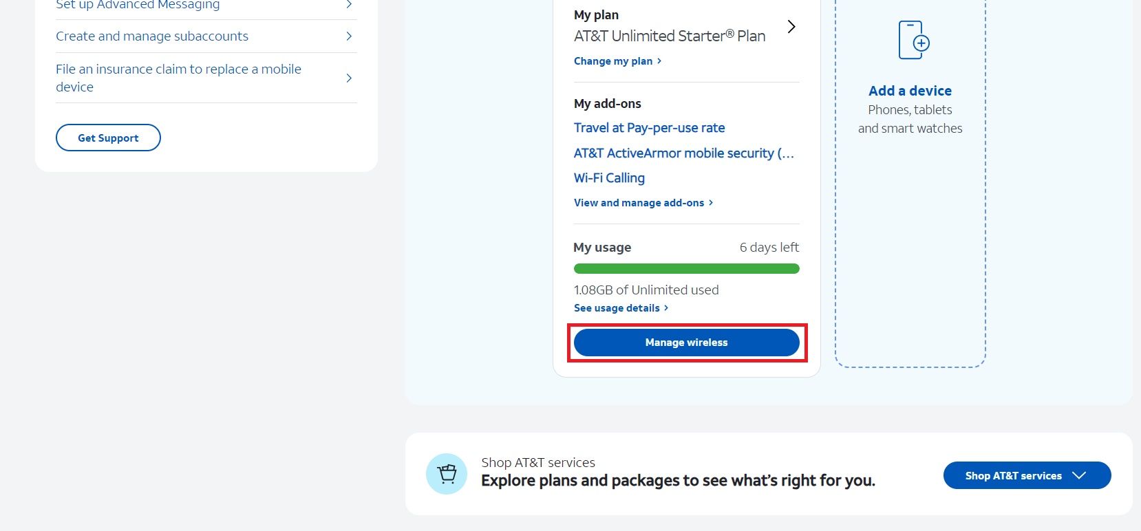 Screenshot highlighting the Manage wireless option on the AT&T website